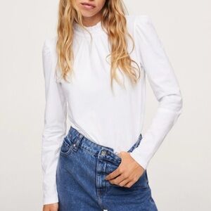 NWT Mango Ruffle Mock Neck Puff Sleeve Long Sleeve Top White Size Medium M